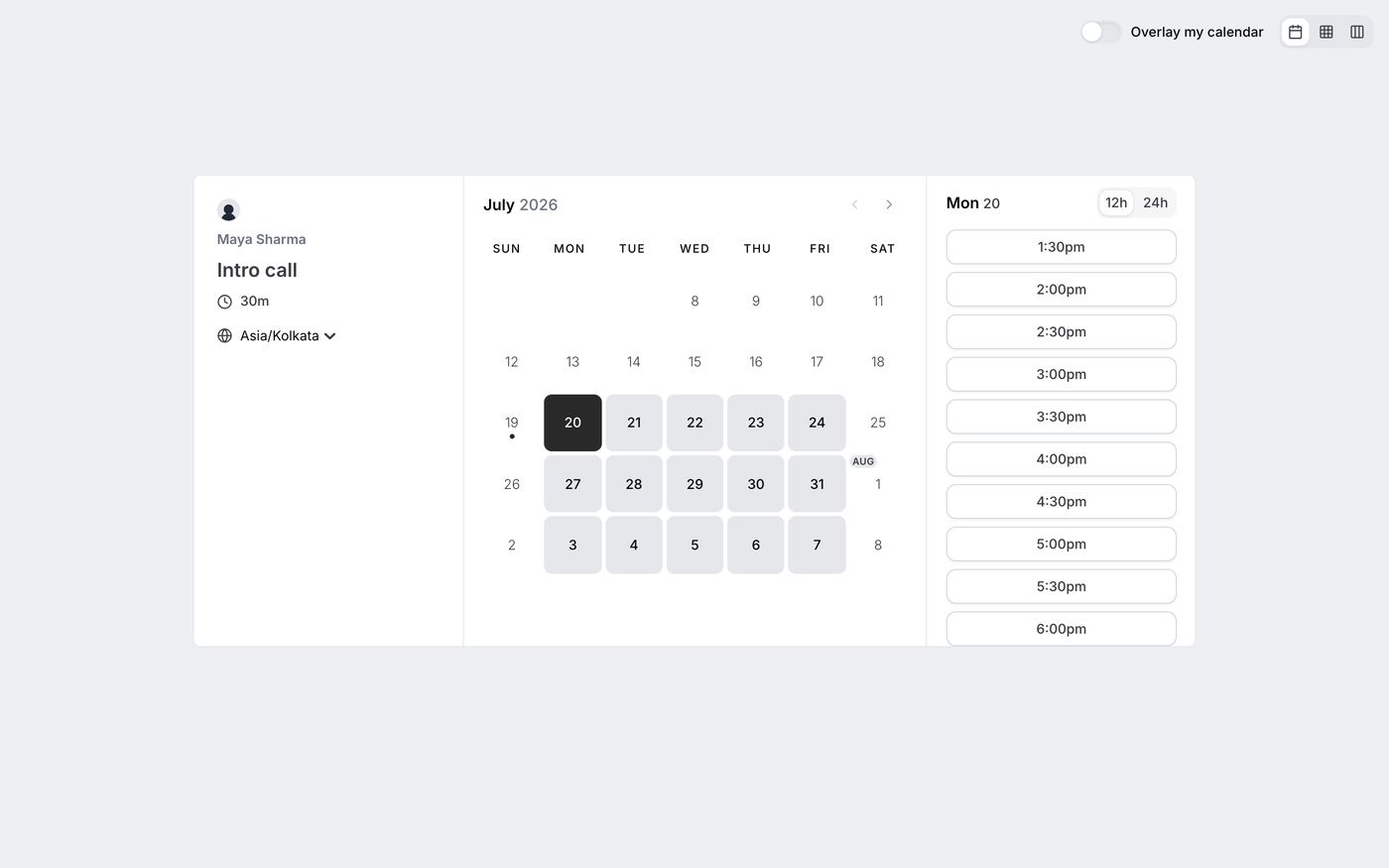 Booking page with month calendar and available time slots