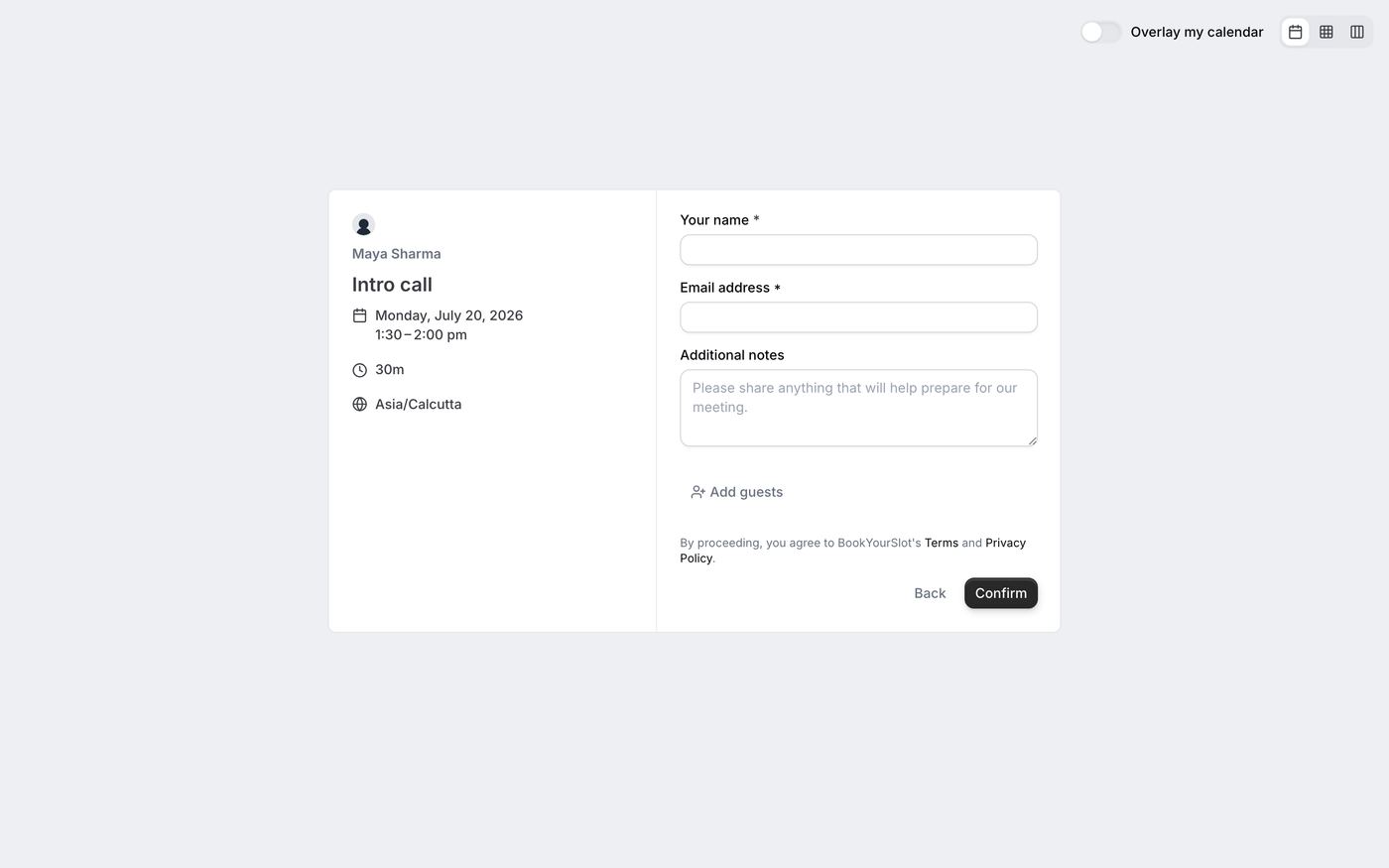 Booking form asking only for name and email