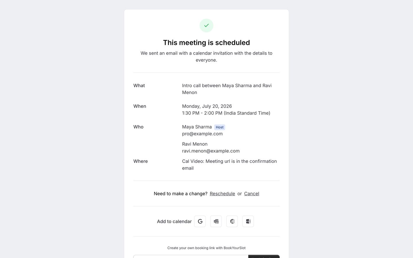 Booking confirmed page with reschedule and cancel options