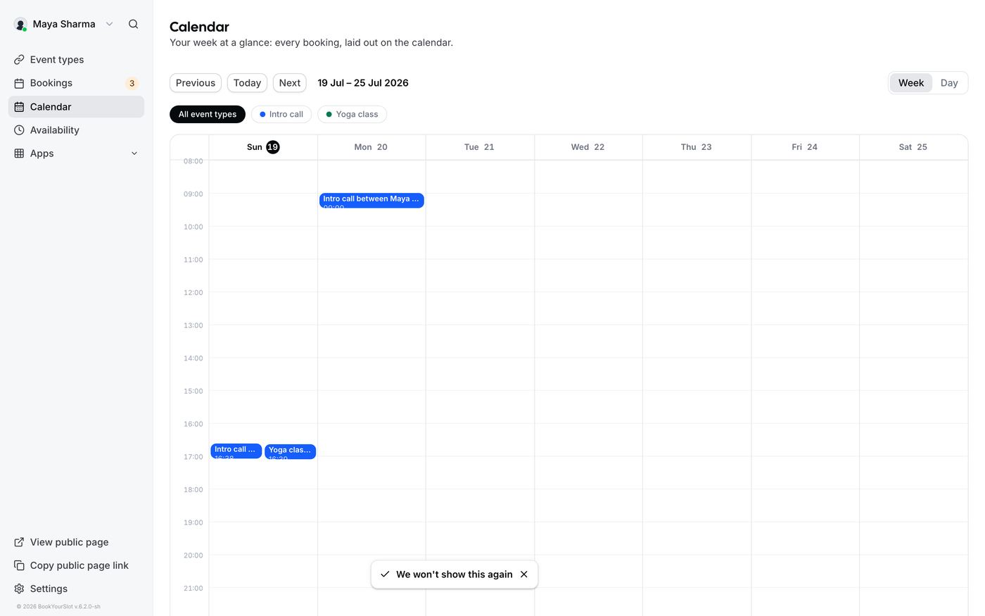 Owner week calendar with bookings