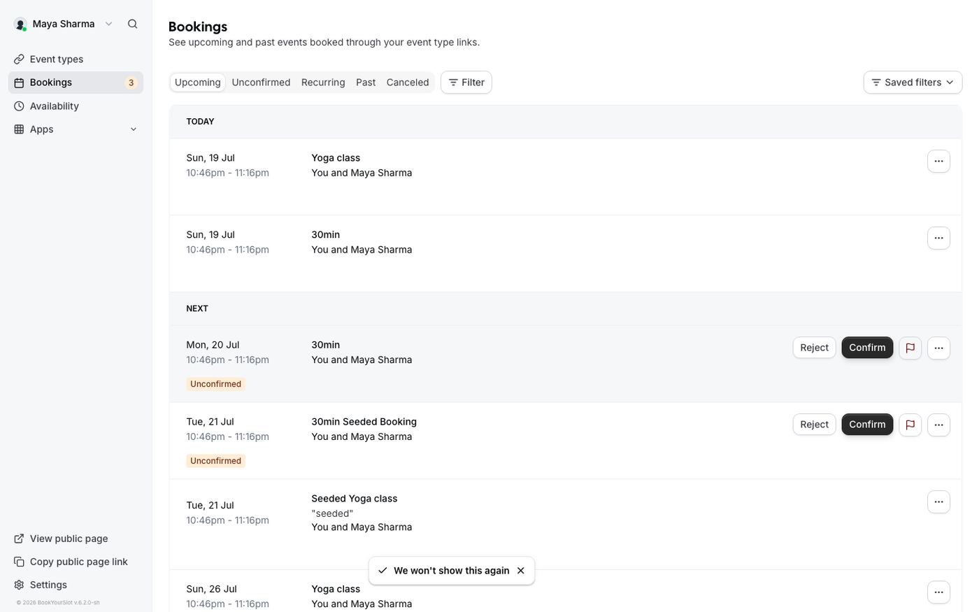 Bookings list with confirm and reject actions