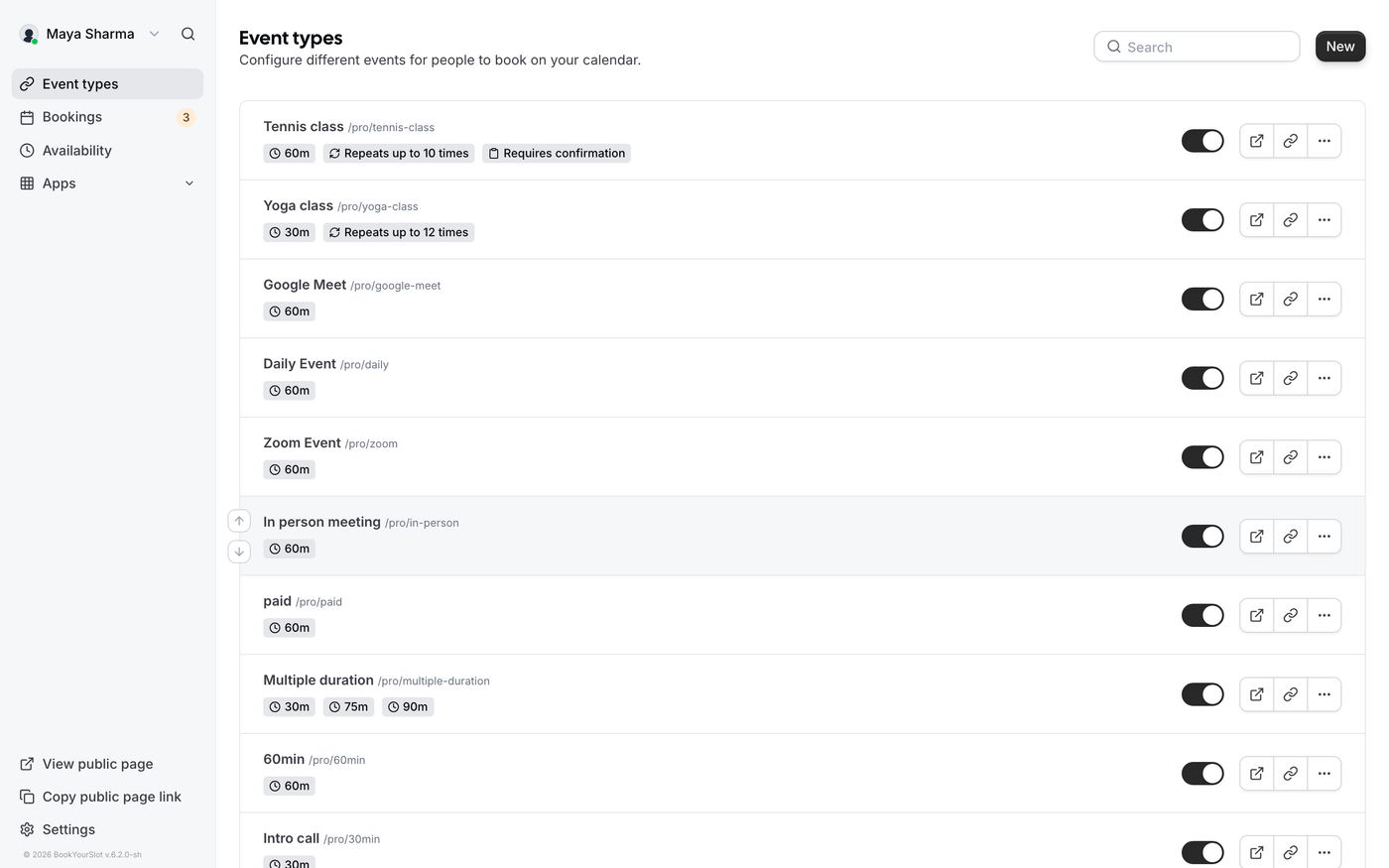 Event types list in the dashboard