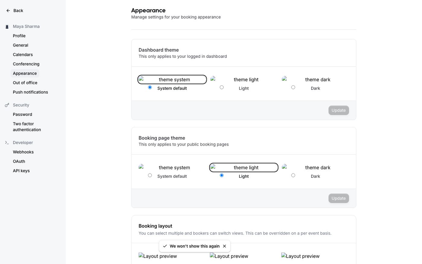 Appearance settings with dashboard and booking page themes