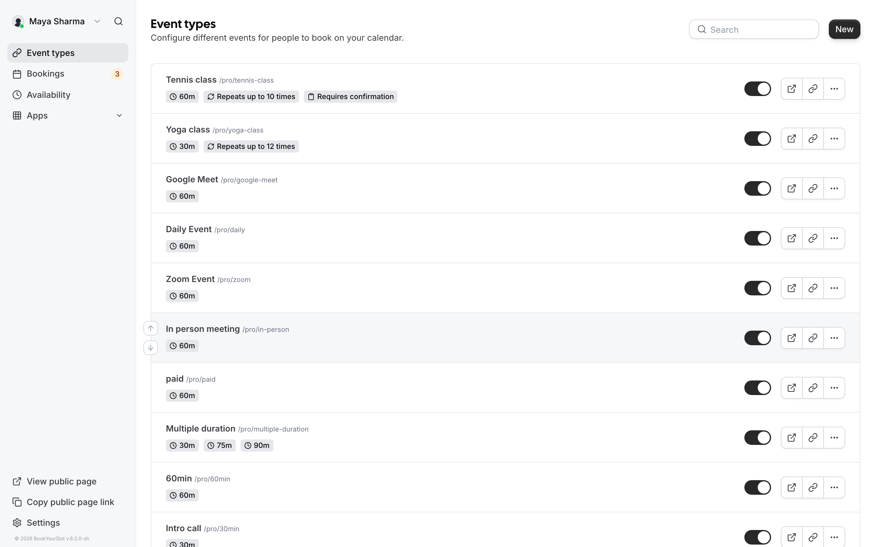 The BookYourSlot event types dashboard listing several bookable services